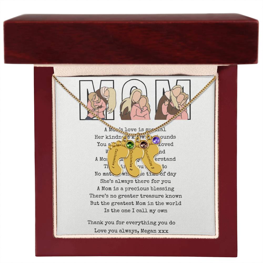 Personalized Mom Engraved Baby Feet Necklace with Birthstone