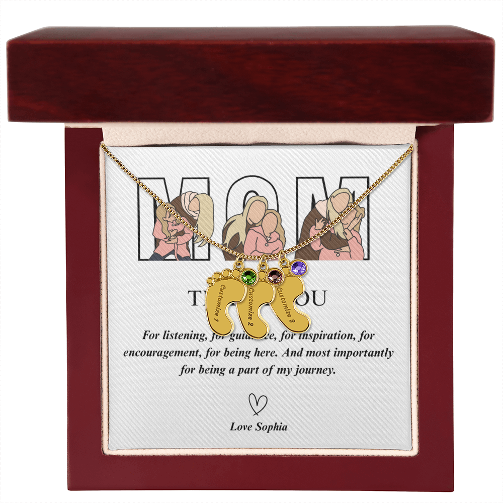 Personalized Thank You Mom Engraved Baby Feet Necklace with Birthstone