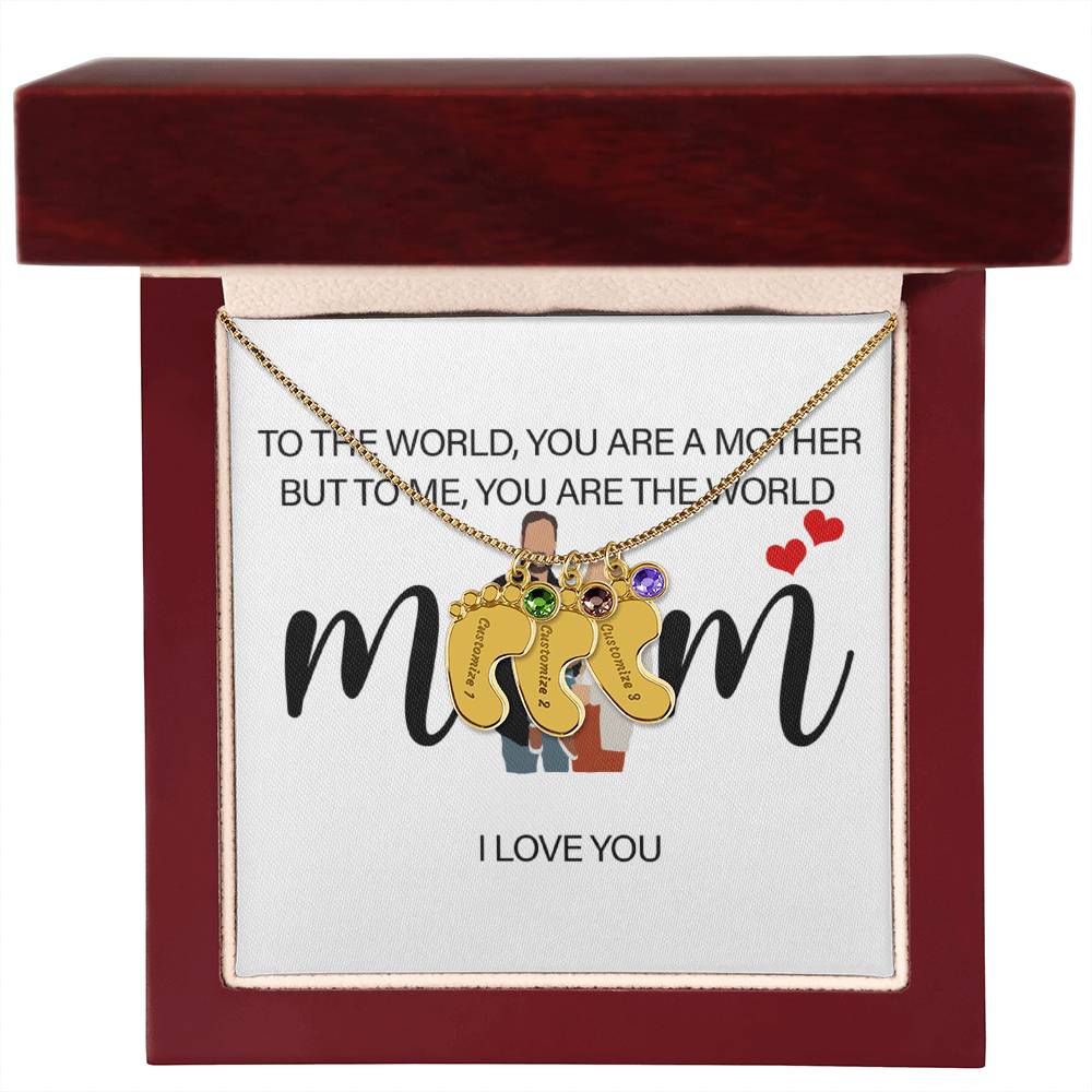 Personalized Mom I Love You Engraved Baby Feet Necklace with Birthstone