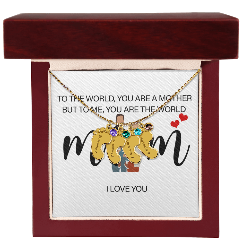 Personalized Mom I Love You Engraved Baby Feet Necklace with Birthstone