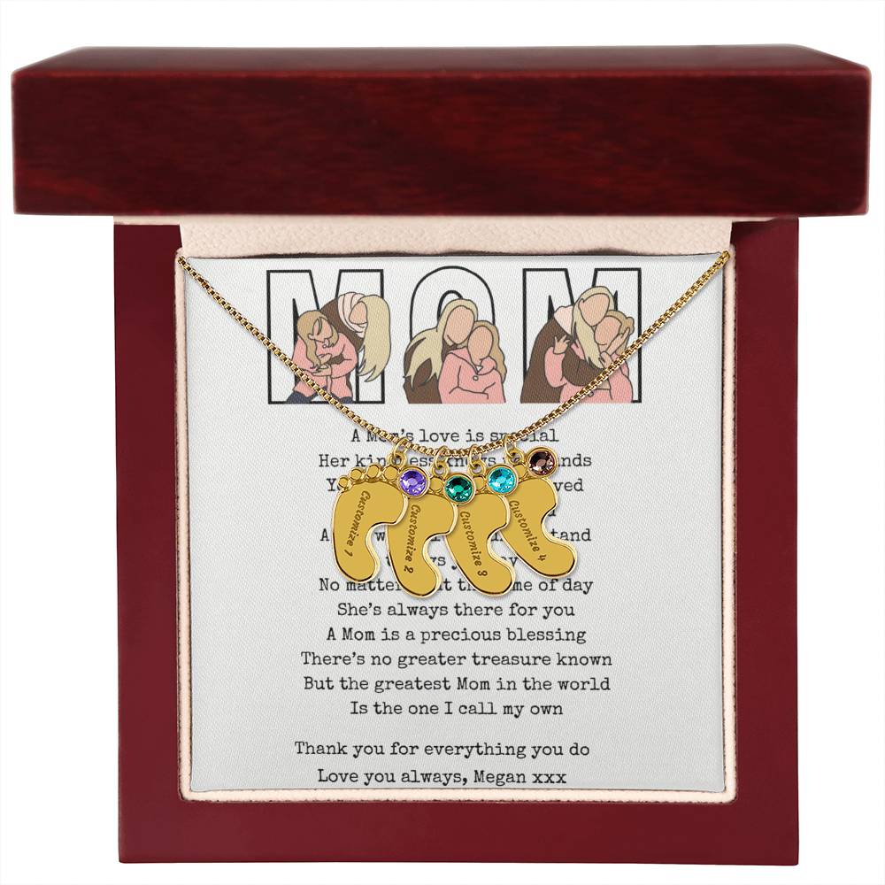 Personalized Mom Engraved Baby Feet Necklace with Birthstone