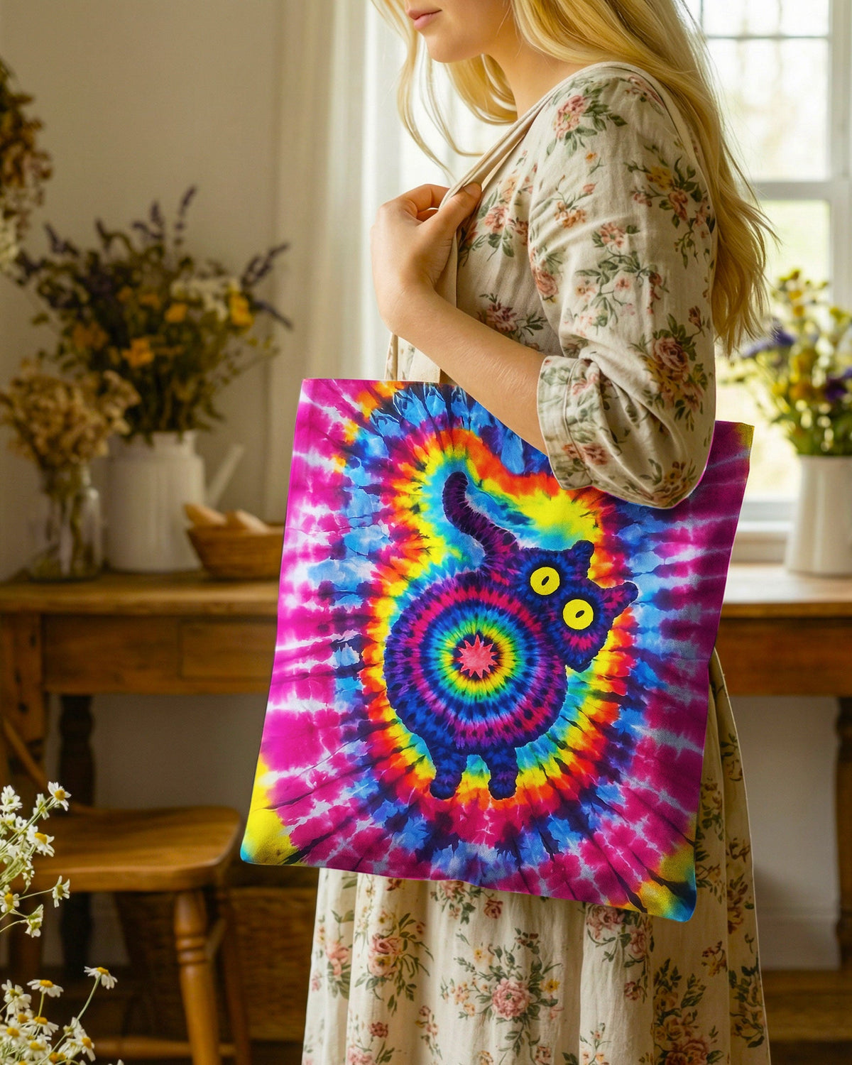 CAT COLORFUL SWIRL PATTERN TOTE BAG - TLNO0701263