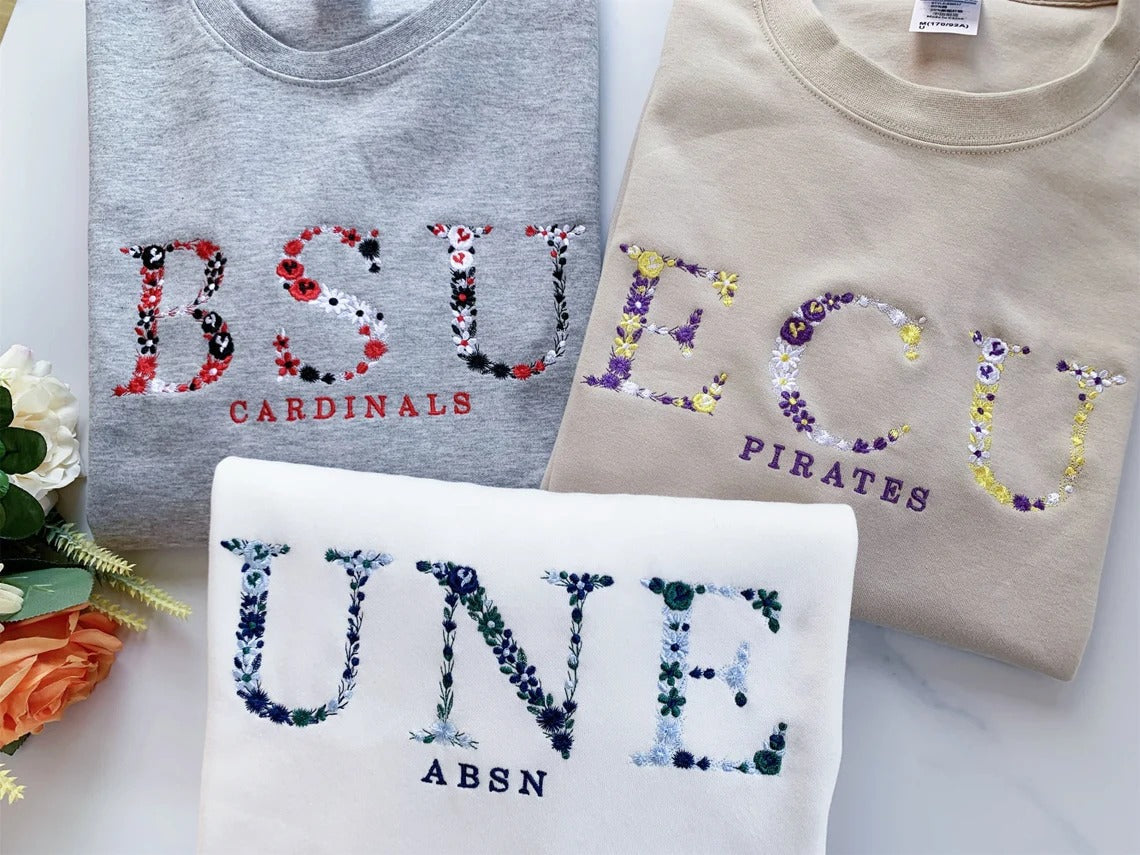 Floral US Cities Embroidered Hoodie Flower Letter College University Crewneck Embroidery Sweatshirt