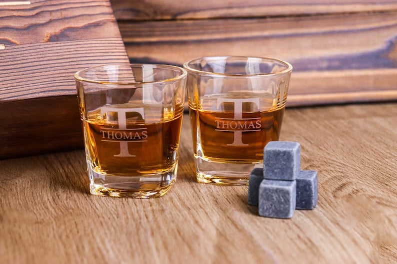 Personalized Whiskey Glass Set with Wooden Box
