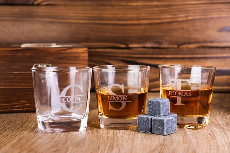 Personalized Whiskey Glass Set with Wooden Box