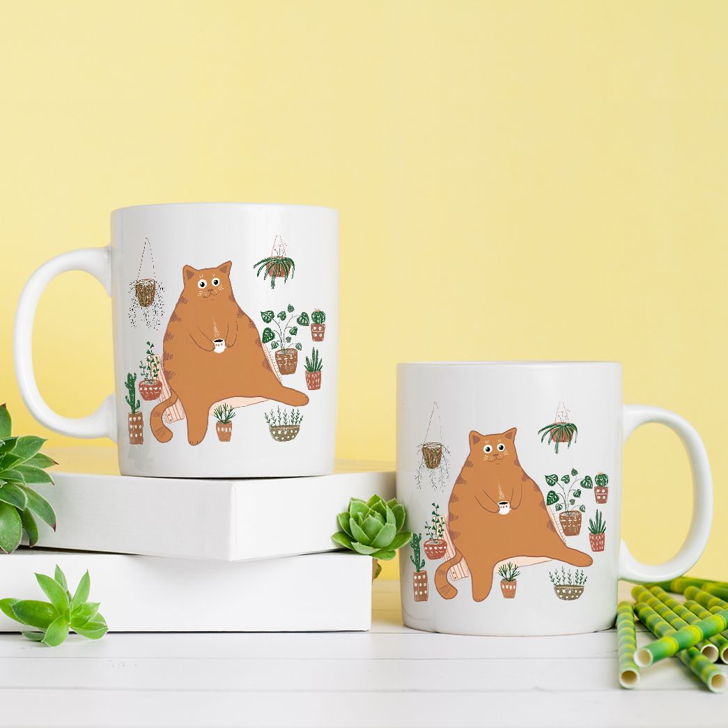 Cute Orange Cat With Plants Coffee Mug