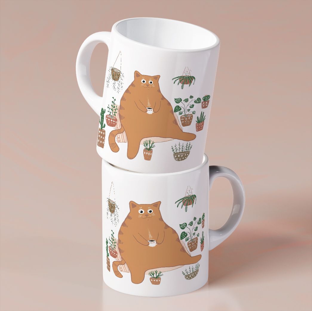 Cute Orange Cat With Plants Coffee Mug