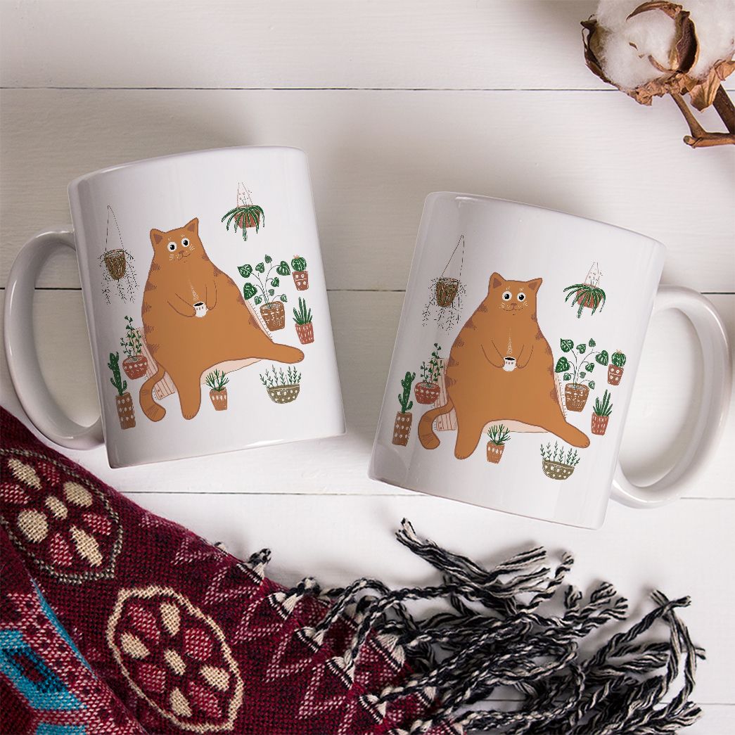 Cute Orange Cat With Plants Coffee Mug