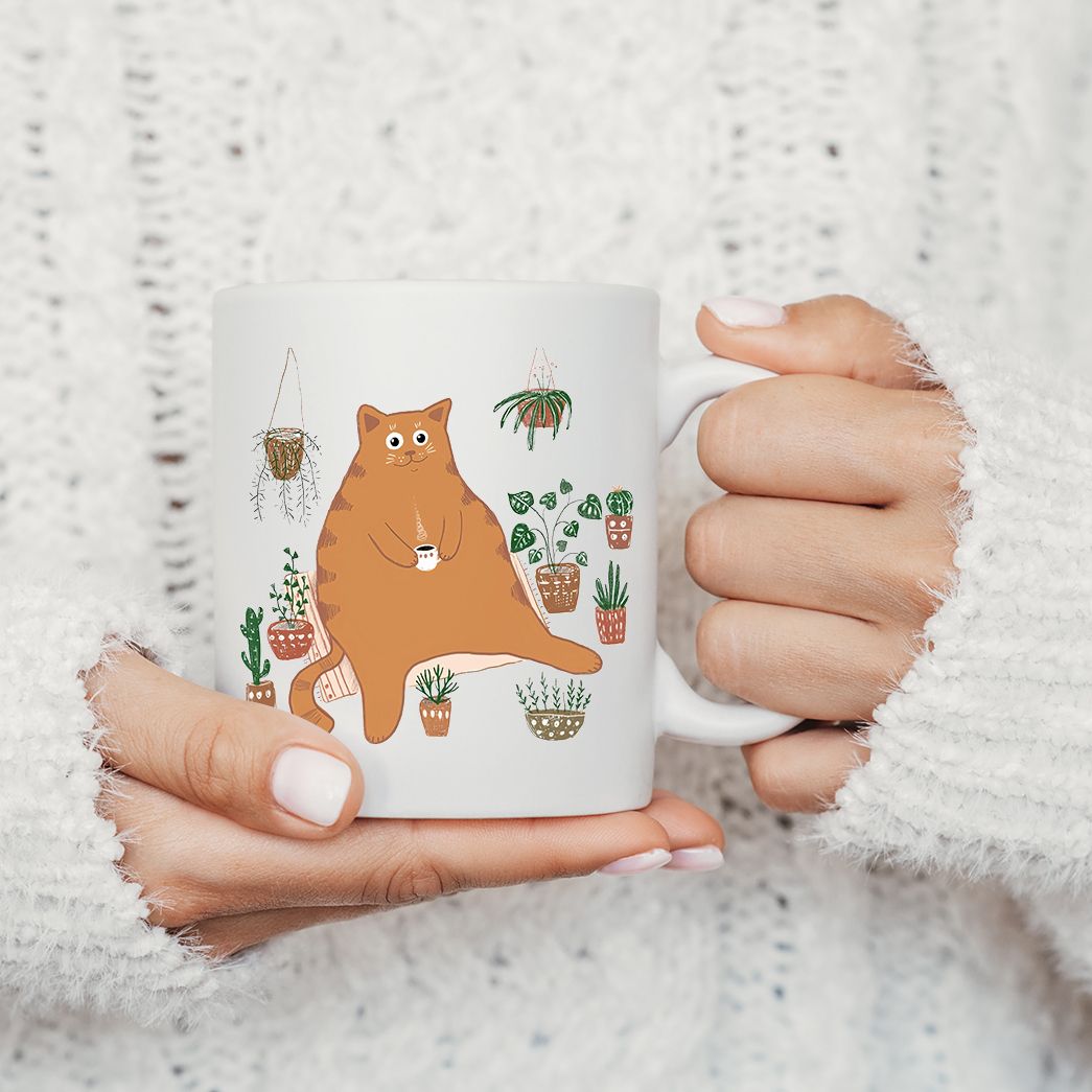 Cute Orange Cat With Plants Coffee Mug