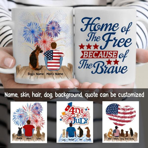 Man And Dogs Fourth Of July Personalized Mug - Name, Skin, Hair, Dog, Background, Quote can be customized