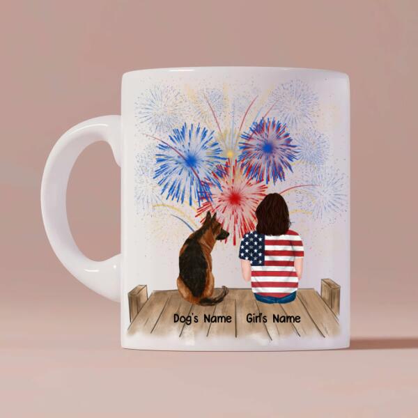 Girl And Dogs 4th Of July US Independence Day Personalized Mug - Name, Skin, Hair, Dog, Background, Quote can be customized
