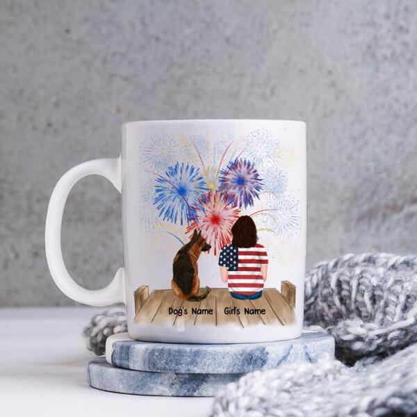 Girl And Dogs 4th Of July US Independence Day Personalized Mug - Name, Skin, Hair, Dog, Background, Quote can be customized