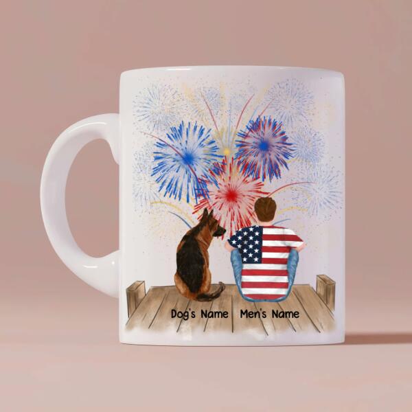 Man And Dogs Fourth Of July Personalized Mug - Name, Skin, Hair, Dog, Background, Quote can be customized