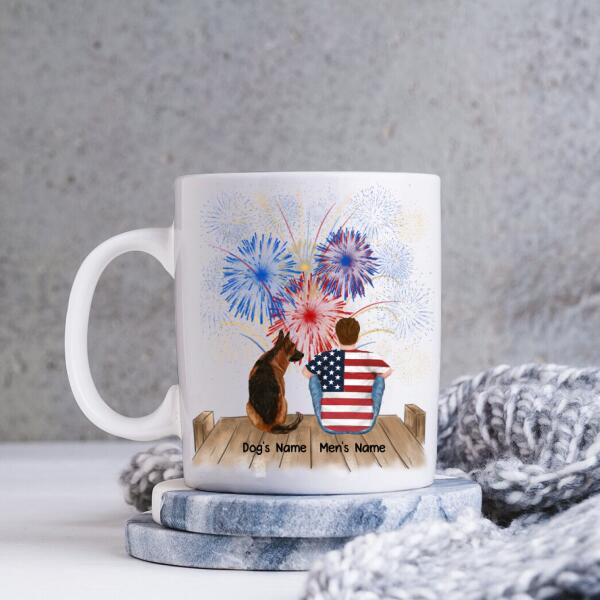 Man And Dogs Fourth Of July Personalized Mug - Name, Skin, Hair, Dog, Background, Quote can be customized