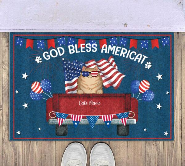 God Bless Americat Cat Personalized Doormat - Cat And Name can be customized