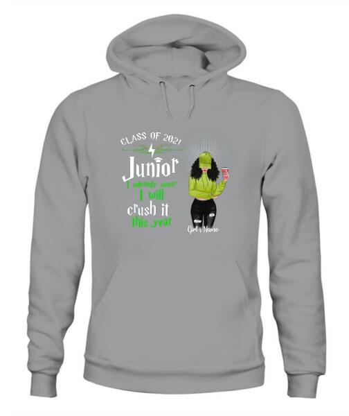 Senior Crash It This Year Personalized Graphic Apparel - Year, Title, Quote, Skin, Hair, Top, Jeans and Drink can be customized
