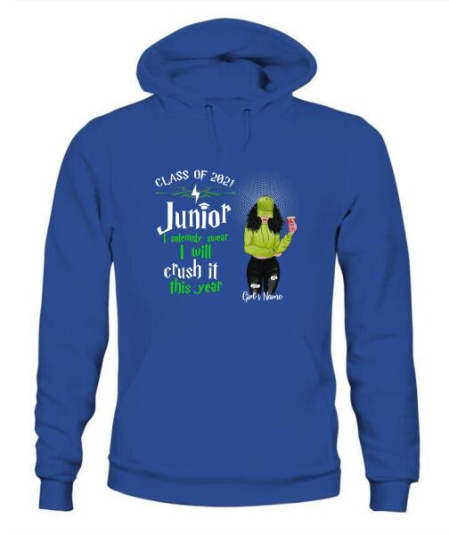 Senior Crash It This Year Personalized Graphic Apparel - Year, Title, Quote, Skin, Hair, Top, Jeans and Drink can be customized
