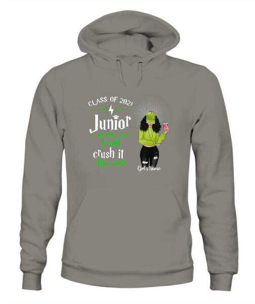 Senior Crash It This Year Personalized Graphic Apparel - Year, Title, Quote, Skin, Hair, Top, Jeans and Drink can be customized