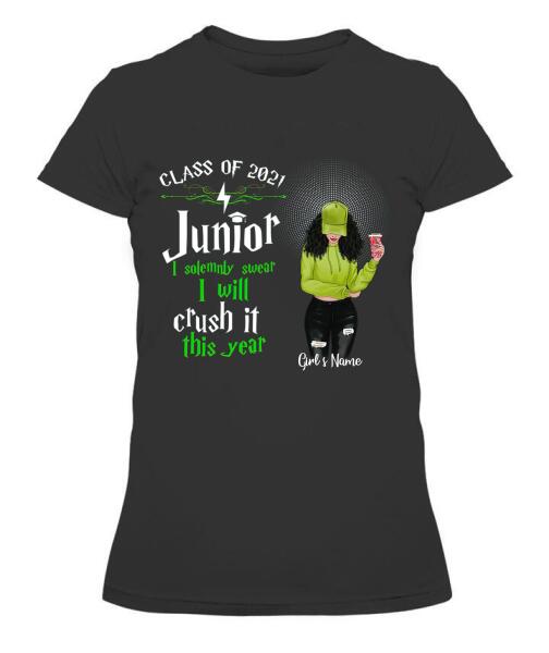 Senior Crash It This Year Personalized Graphic Apparel - Year, Title, Quote, Skin, Hair, Top, Jeans and Drink can be customized