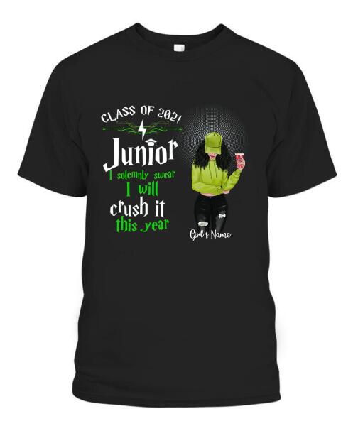 Senior Crash It This Year Personalized Graphic Apparel - Year, Title, Quote, Skin, Hair, Top, Jeans and Drink can be customized