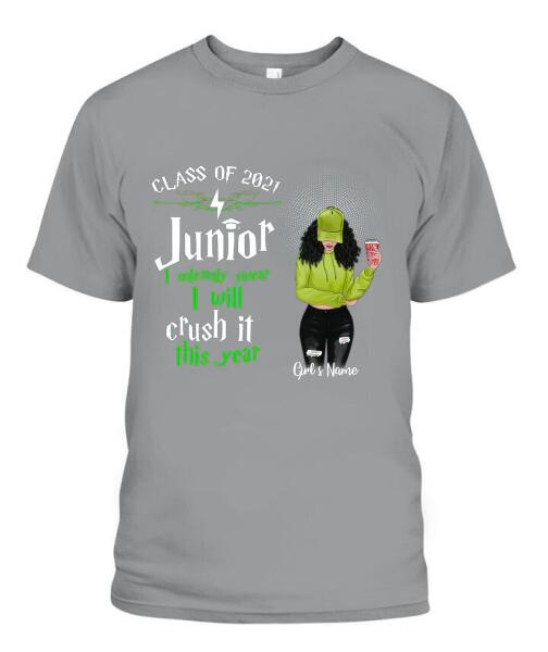 Senior Crash It This Year Personalized Graphic Apparel - Year, Title, Quote, Skin, Hair, Top, Jeans and Drink can be customized
