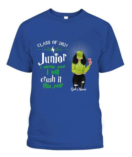 Senior Crash It This Year Personalized Graphic Apparel - Year, Title, Quote, Skin, Hair, Top, Jeans and Drink can be customized