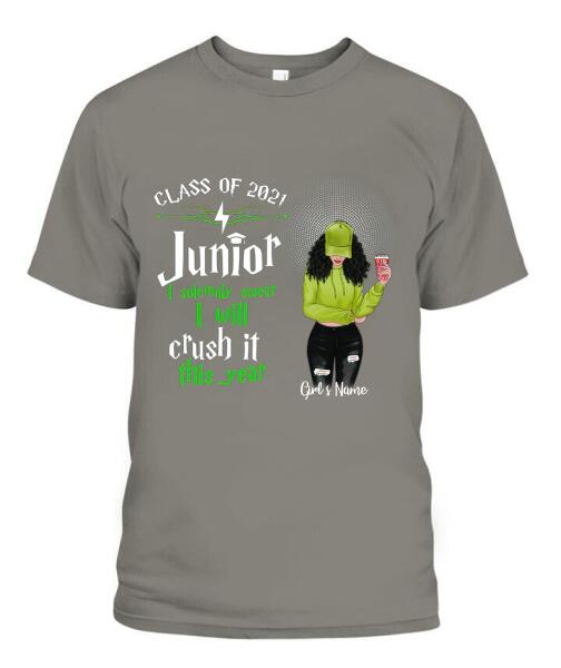 Senior Crash It This Year Personalized Graphic Apparel - Year, Title, Quote, Skin, Hair, Top, Jeans and Drink can be customized