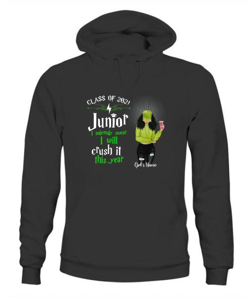 Senior Crash It This Year Personalized Graphic Apparel - Year, Title, Quote, Skin, Hair, Top, Jeans and Drink can be customized