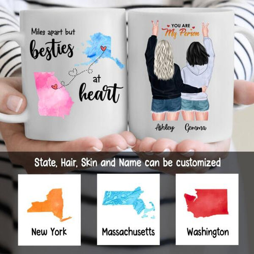 Miles Apart Besties At Heart Long Distance Relationship Coffee Mug - State, Hair, Skin and Name can be customized