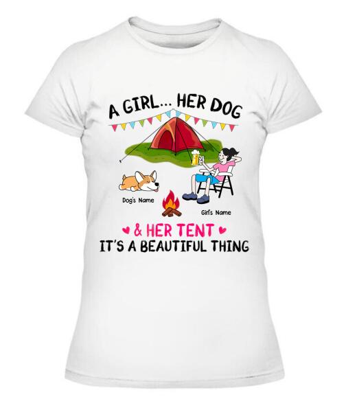 A Camping Girl And Her Fur Babies Personalized Graphic Apparel - Car, Skin, Hair, Drink, Pets And Name can be customized