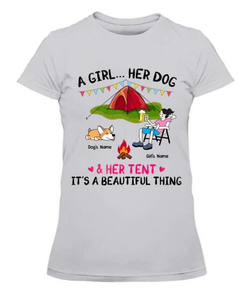 A Camping Girl And Her Fur Babies Personalized Graphic Apparel - Car, Skin, Hair, Drink, Pets And Name can be customized