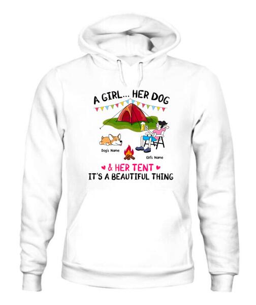 A Camping Girl And Her Fur Babies Personalized Graphic Apparel - Car, Skin, Hair, Drink, Pets And Name can be customized