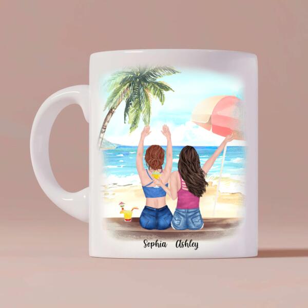 Besties Summer Beach Personalized Coffee Mug - Skin, Hair, Clothes, Drink, Name, Background and Quote can be customized