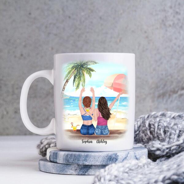 Besties Summer Beach Personalized Coffee Mug - Skin, Hair, Clothes, Drink, Name, Background and Quote can be customized