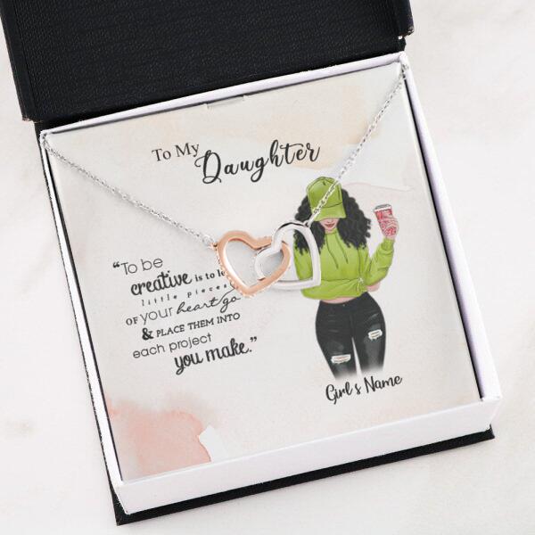 To My Daughter Personalized Necklace With Personalized Message Card (9 Necklace Designs) - Name, Skin, Hair, Clothes, Drink, Background and Quote can be customized