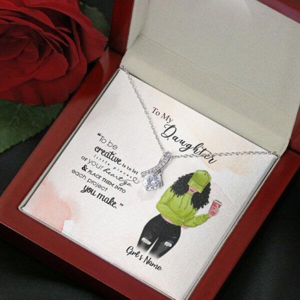 To My Daughter Personalized Necklace With Personalized Message Card (9 Necklace Designs) - Name, Skin, Hair, Clothes, Drink, Background and Quote can be customized