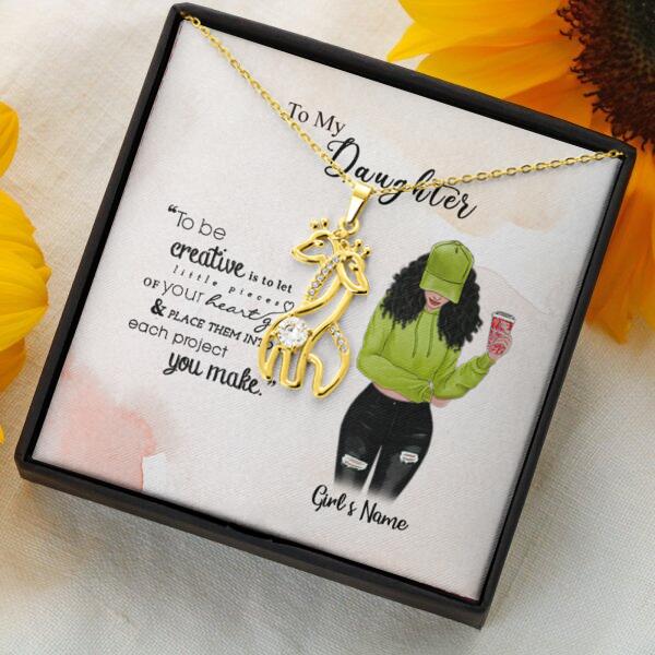 To My Daughter Personalized Necklace With Personalized Message Card (9 Necklace Designs) - Name, Skin, Hair, Clothes, Drink, Background and Quote can be customized