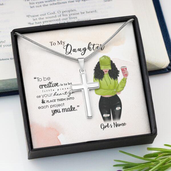 To My Daughter Personalized Necklace With Personalized Message Card (9 Necklace Designs) - Name, Skin, Hair, Clothes, Drink, Background and Quote can be customized