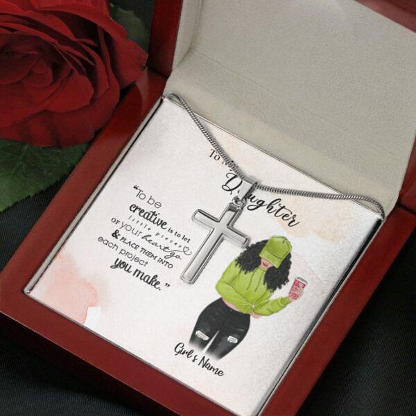 To My Daughter Personalized Necklace With Personalized Message Card (9 Necklace Designs) - Name, Skin, Hair, Clothes, Drink, Background and Quote can be customized