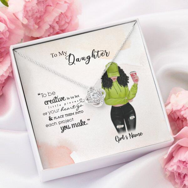 To My Daughter Personalized Necklace With Personalized Message Card (9 Necklace Designs) - Name, Skin, Hair, Clothes, Drink, Background and Quote can be customized