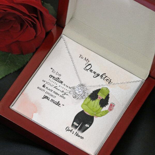 To My Daughter Personalized Necklace With Personalized Message Card (9 Necklace Designs) - Name, Skin, Hair, Clothes, Drink, Background and Quote can be customized
