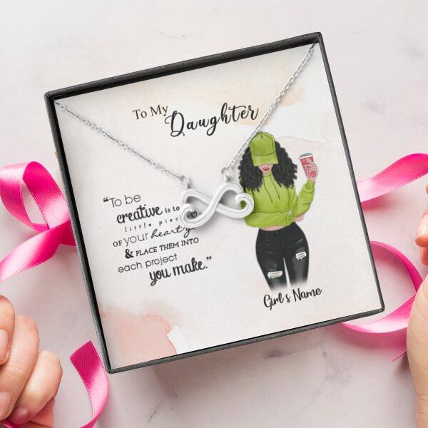 To My Daughter Personalized Necklace With Personalized Message Card (9 Necklace Designs) - Name, Skin, Hair, Clothes, Drink, Background and Quote can be customized