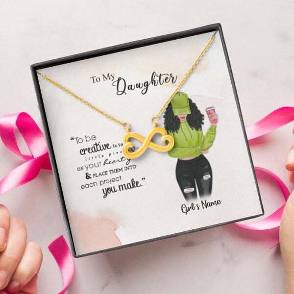 To My Daughter Personalized Necklace With Personalized Message Card (9 Necklace Designs) - Name, Skin, Hair, Clothes, Drink, Background and Quote can be customized