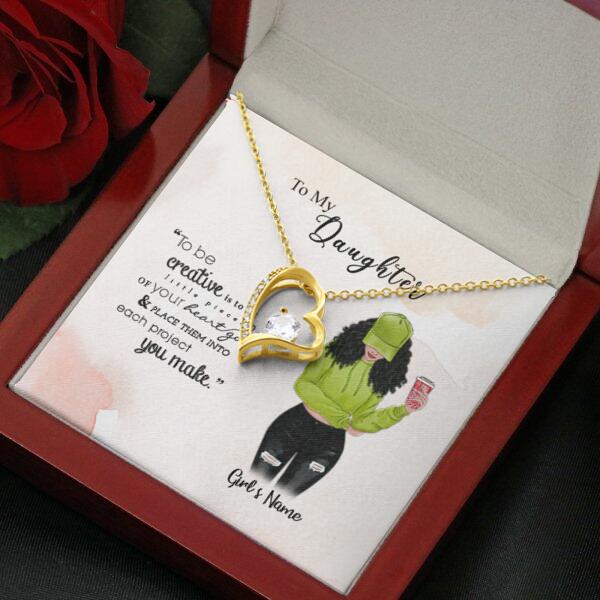 To My Daughter Personalized Necklace With Personalized Message Card (9 Necklace Designs) - Name, Skin, Hair, Clothes, Drink, Background and Quote can be customized