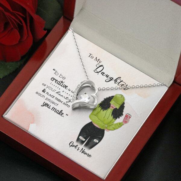 To My Daughter Personalized Necklace With Personalized Message Card (9 Necklace Designs) - Name, Skin, Hair, Clothes, Drink, Background and Quote can be customized