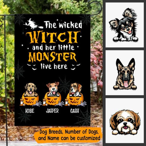 Halloween The Wicked Witch And Her Little Dog Monsters Personalized Garden Flag - Dogs and Names can be customized