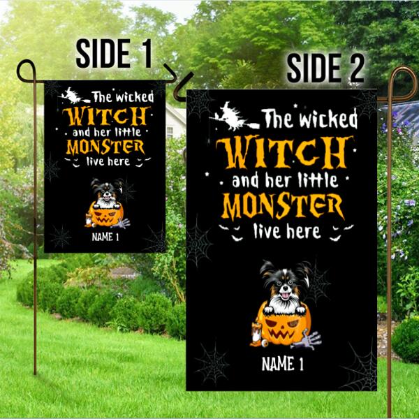 Halloween The Wicked Witch And Her Little Dog Monsters Personalized Garden Flag - Dogs and Names can be customized
