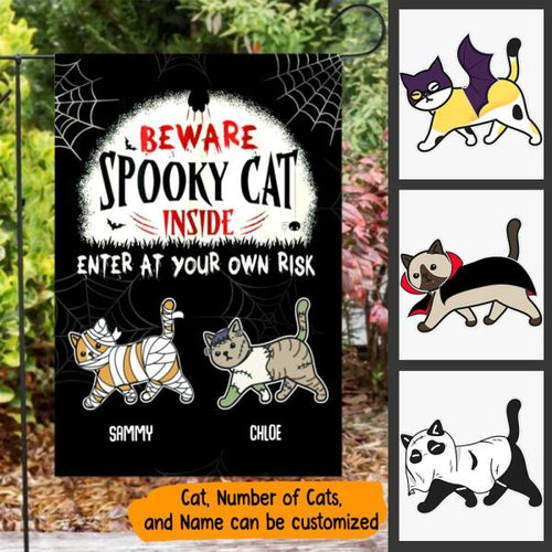 Halloween Cat Enter At Your Own Risk Personalized Garden Flag - Cats and Names can be customized