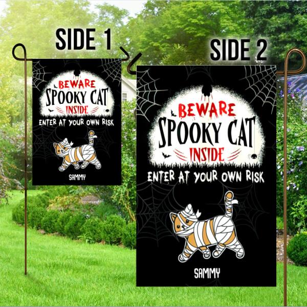 Halloween Cat Enter At Your Own Risk Personalized Garden Flag - Cats and Names can be customized