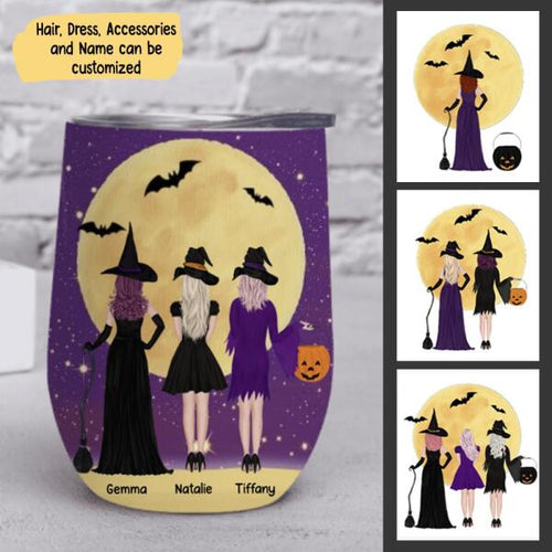 Sisters Witches Halloween Personalized Wine Tumbler - Girls and Names can be customized